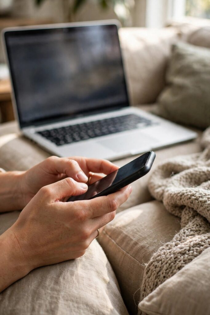 Hands typing on a phone with a laptop open nearby on a cozy couch