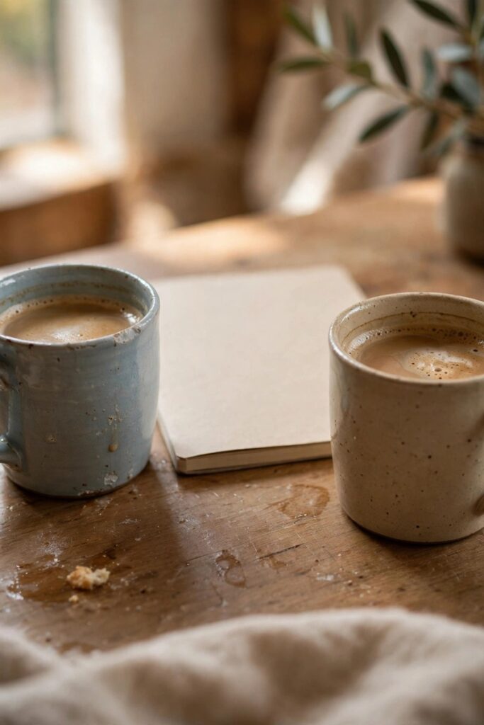 Two coffee mugs on a table with a notebook between them, warm light