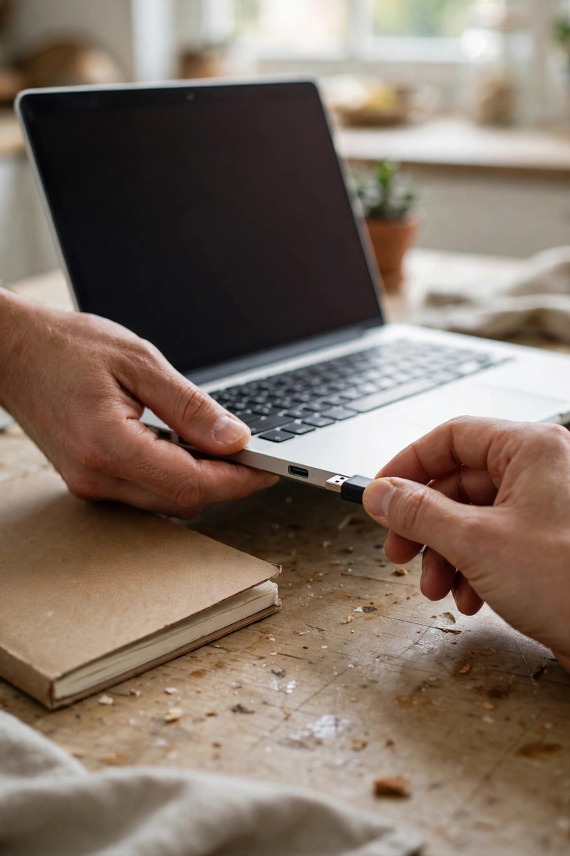 Hands plugging a small USB flash drive into a laptop on a kitchen table next to a notebook.