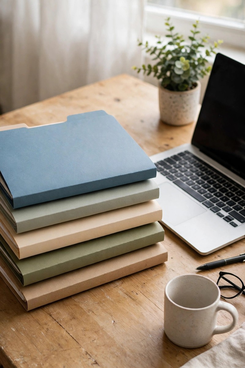 A neat stack of colored folders beside a laptop, a small plant, and a coffee mug on a sunlit wooden desk.