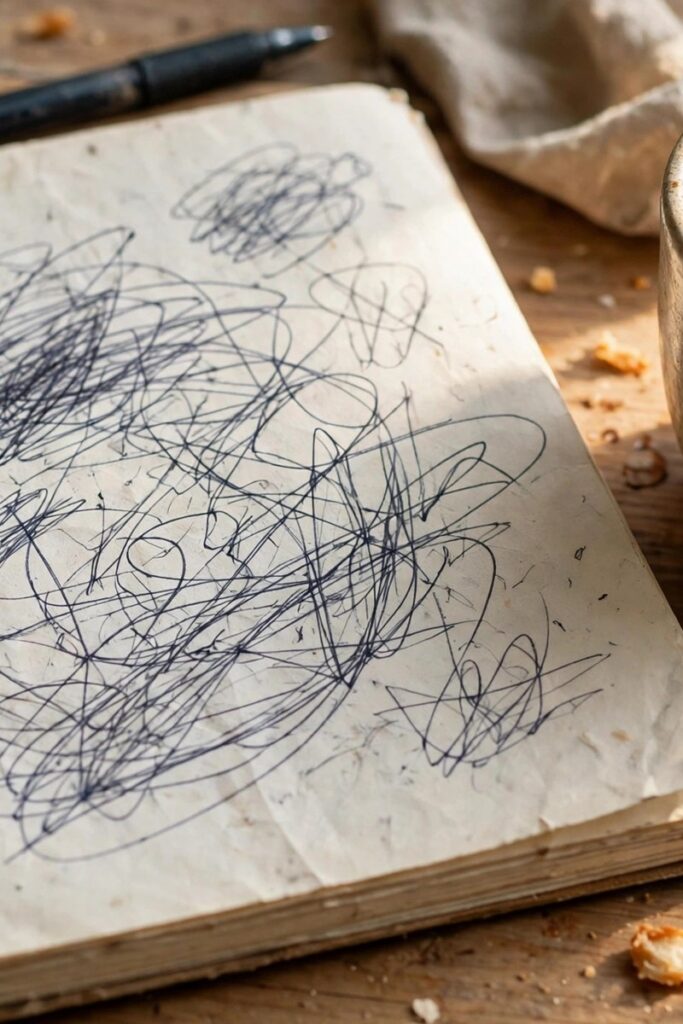 Paper notebook with handwritten headline ideas in pen, coffee cup beside it, warm light
