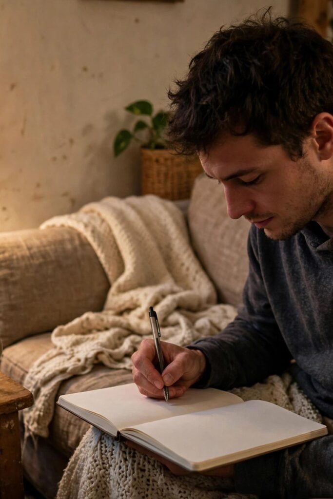 Person writing in a notebook on a couch in soft evening lamp light