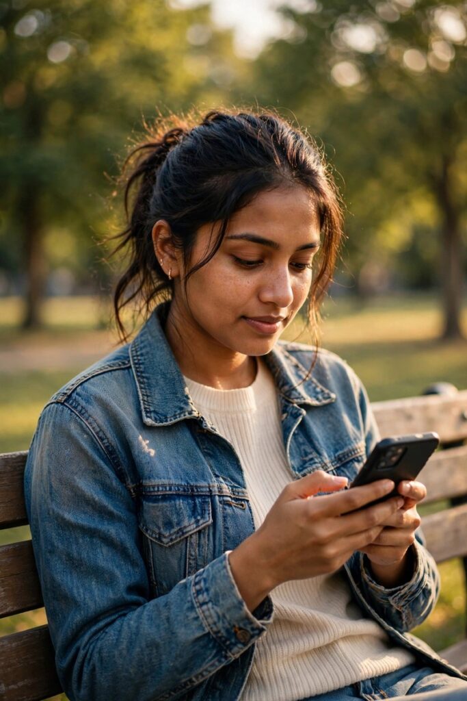 Woman sitting on a park bench typing on her phone in golden sunlight