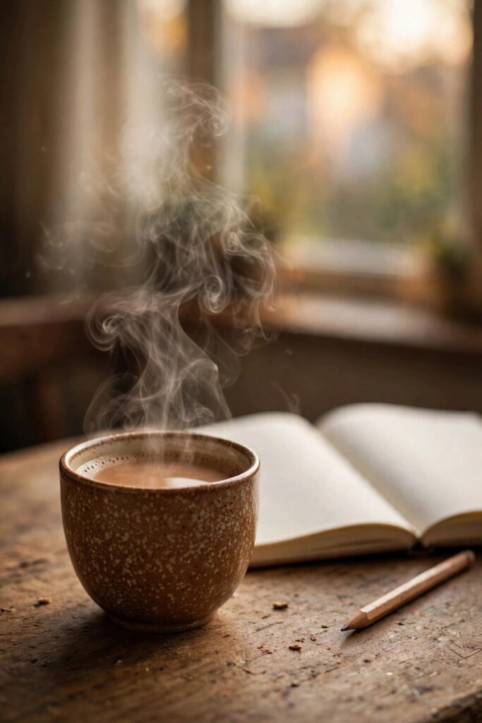 Steaming cup of tea on a wooden table next to an open notebook and a pencil