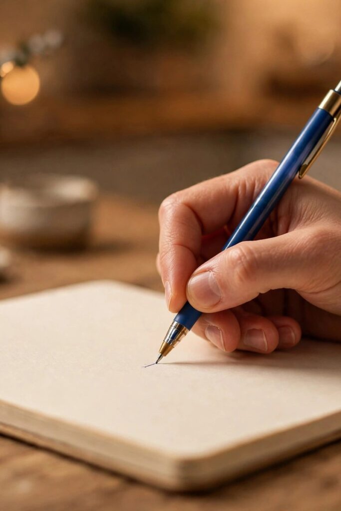 Hand writing in a paper notebook with a pen on a kitchen table