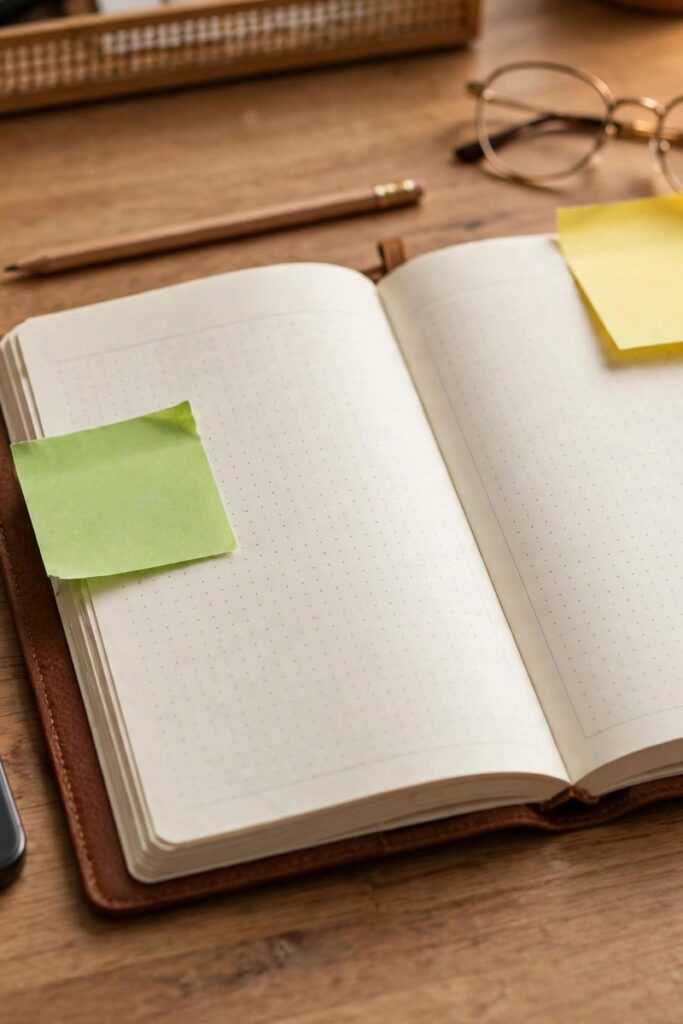 Smartphone next to a paper planner with colorful sticky notes on a desk