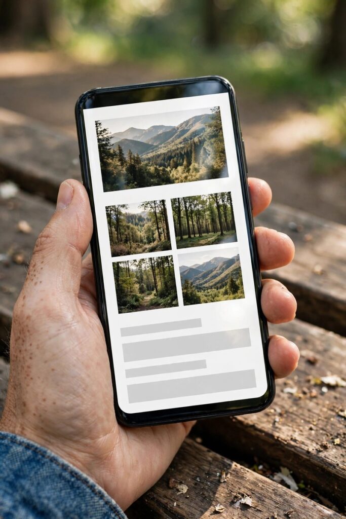 Close-up of a hand scrolling through a blog page on a phone while sitting on a park bench outdoors