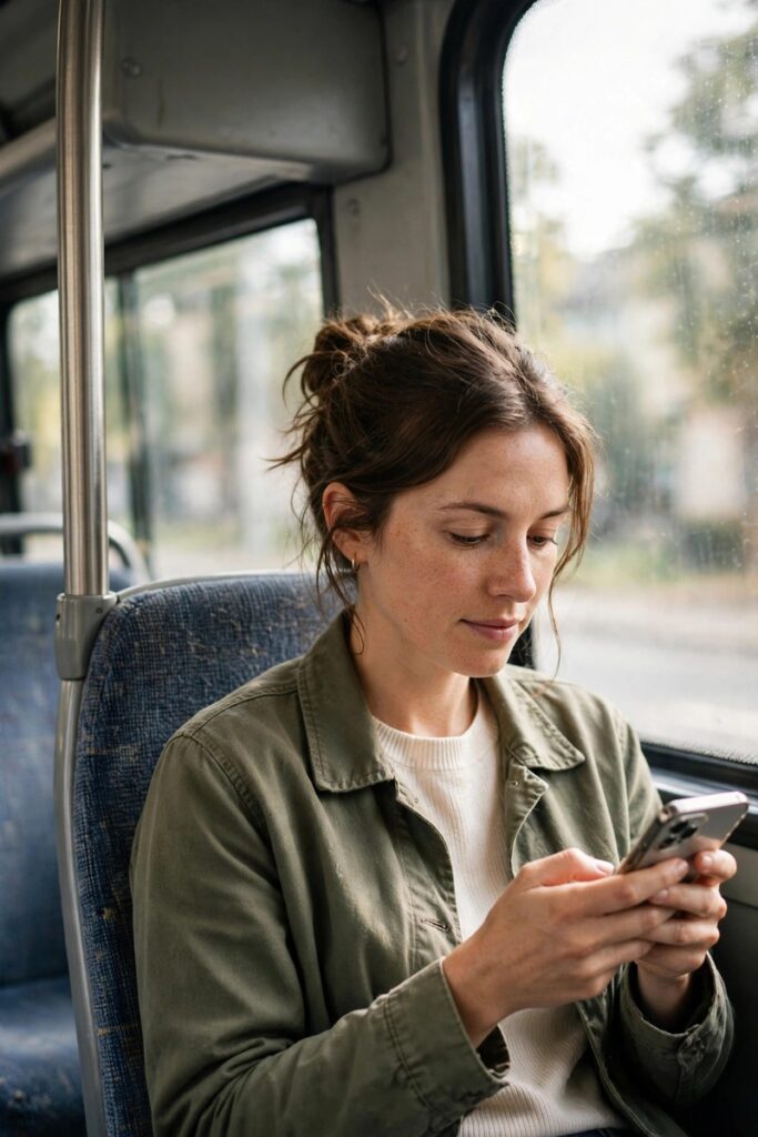 A woman reading her phone on a bus seat with natural daylight coming through the window