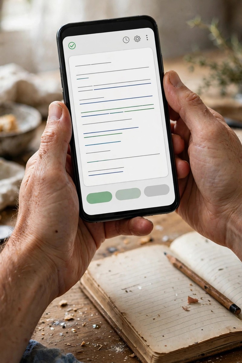 Hands holding a smartphone showing a grammar-checking app next to a notebook on a kitchen table in natural daylight.