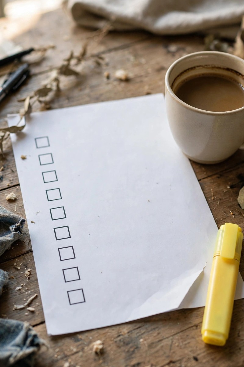 Printed checklist with checkboxes, a coffee cup, and a highlighter on a lived-in desk in natural light.