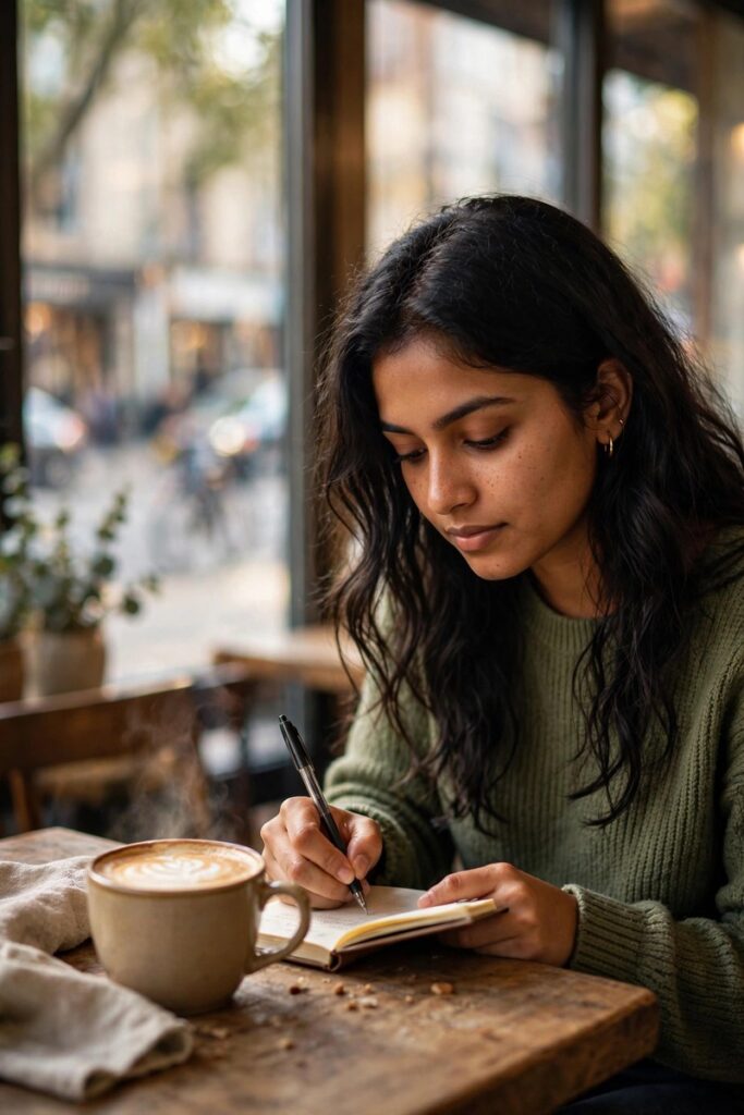 Woman writing in a notebook at a cafe table next to a latte