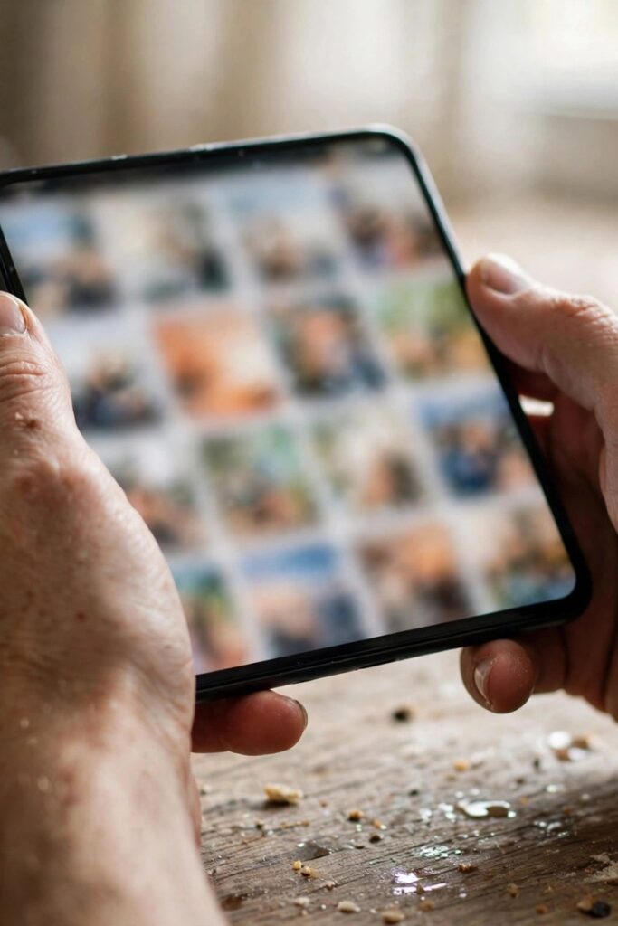 Hands holding a smartphone showing a photo gallery, kitchen table in morning light