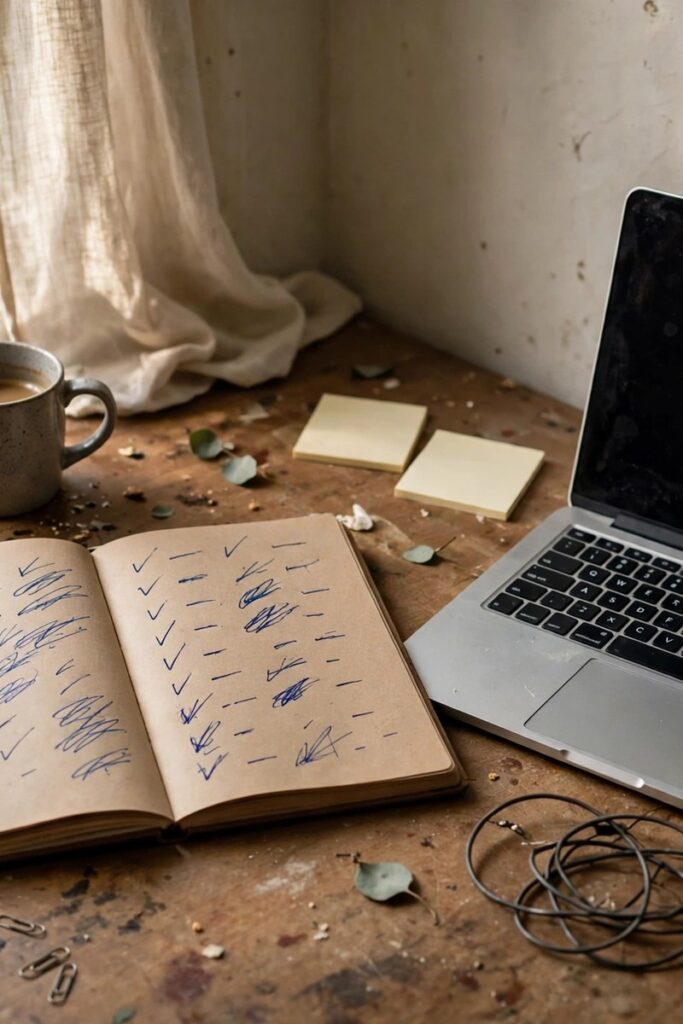 Notebook with a handwritten list beside a laptop in a cozy room corner, afternoon light