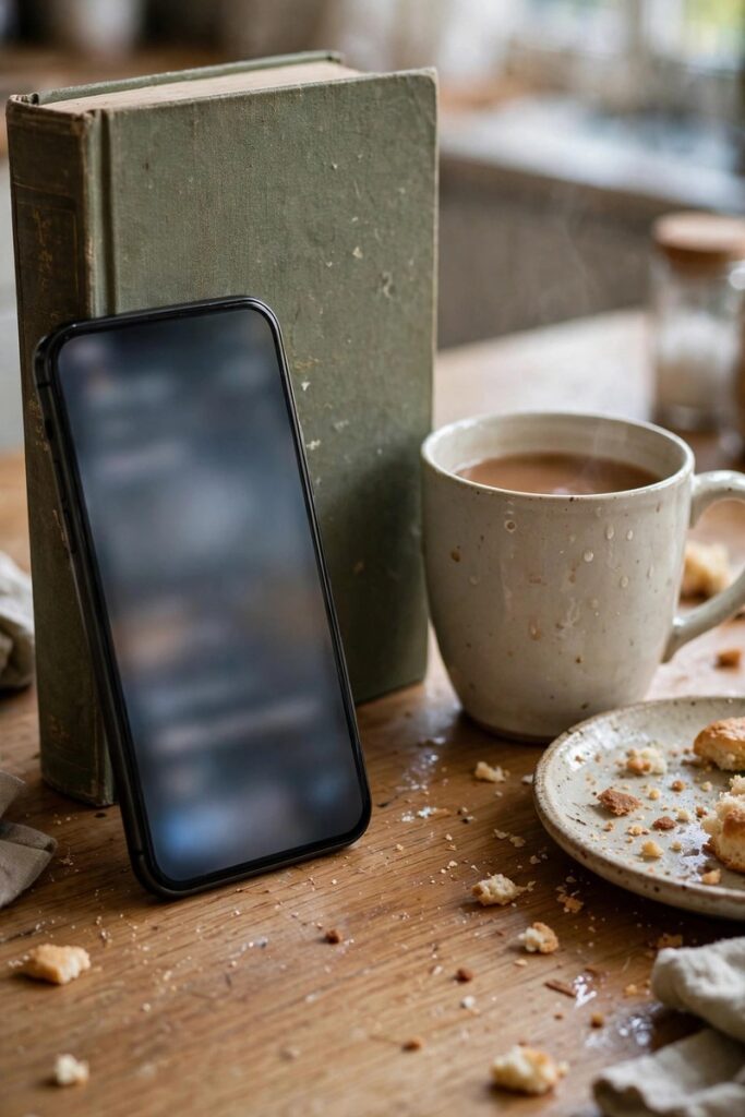 Phone propped against a book with a cup of chai and crumbs on a kitchen table