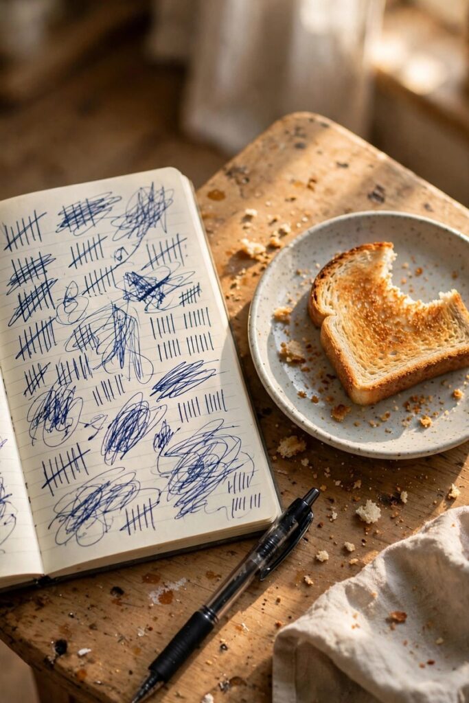 Notebook with tally marks, pen, and half-eaten toast on a small kitchen table
