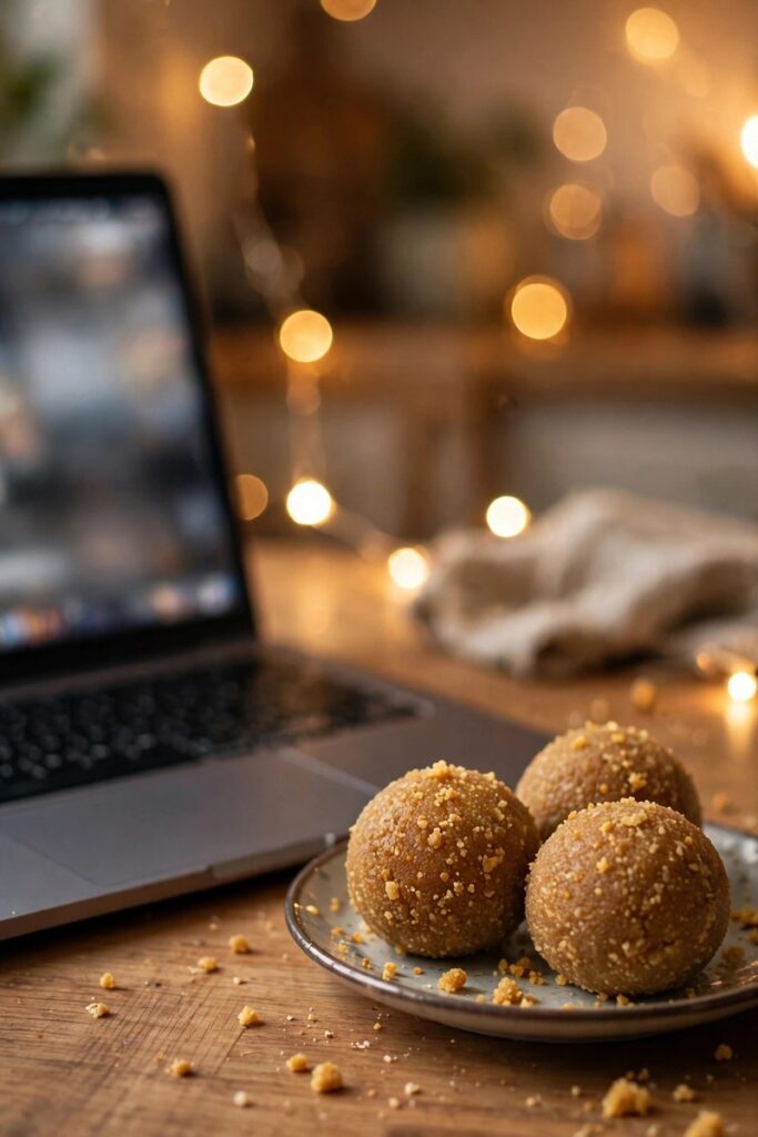 Plate of ladoo sweets next to a laptop with fairy-light glow on a wooden table