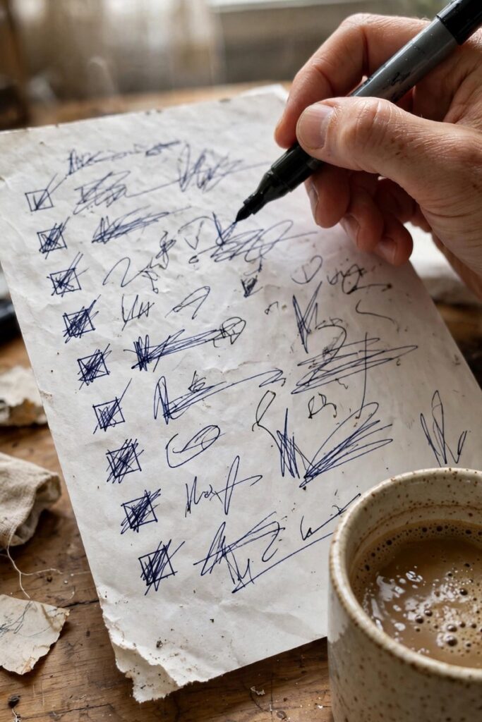 Paper checklist with check marks, hand holding a marker, cup of coffee on a desk