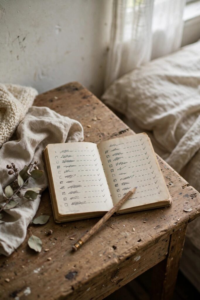 Open notebook with a short handwritten list and a pen