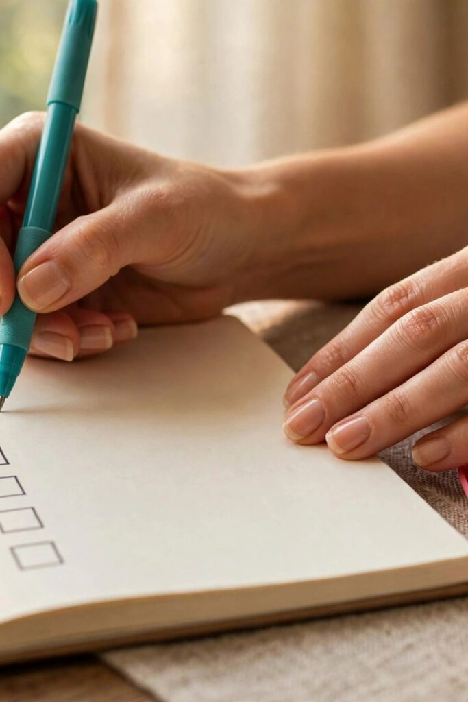 Hands checking off a to-do list in a notebook at a desk