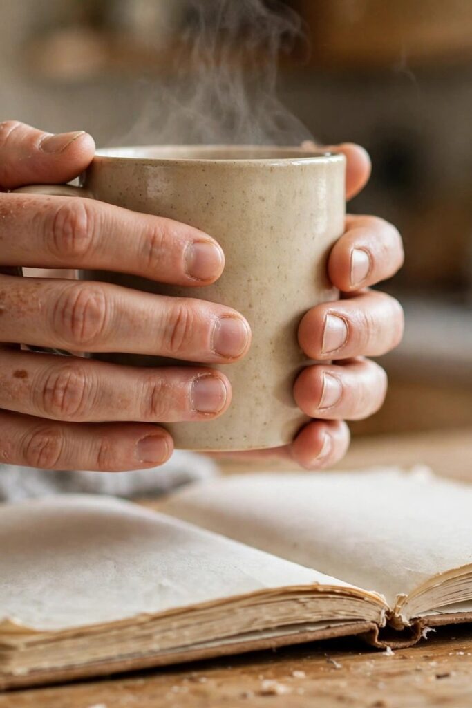 Hands holding a warm mug over a notebook, cozy kitchen in the background