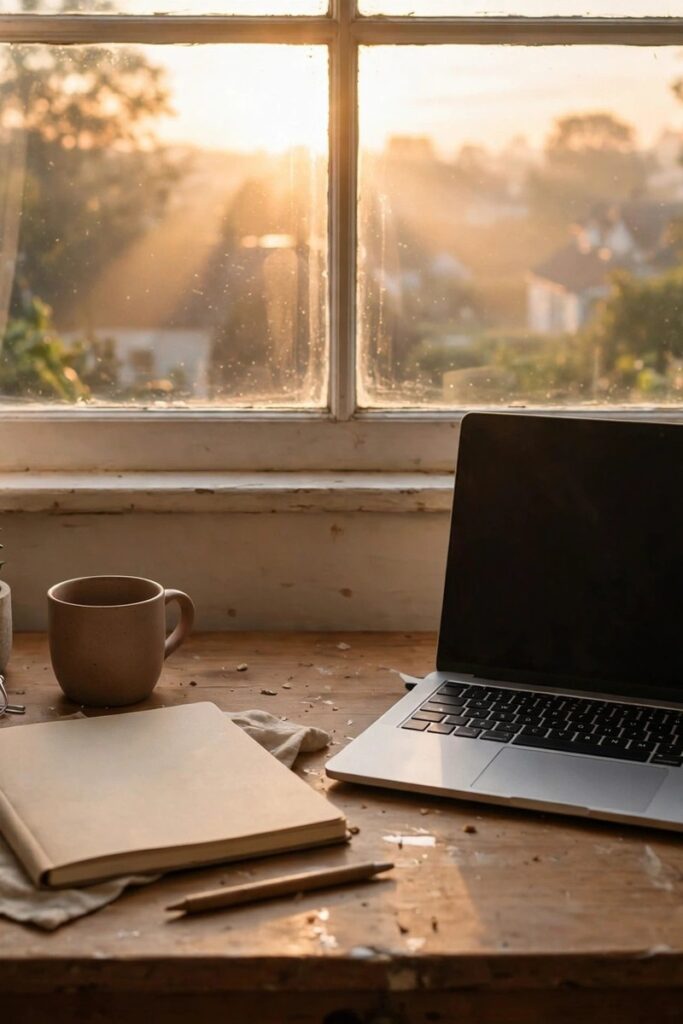 Morning sunrise through a window above a tidy desk with a laptop and planner