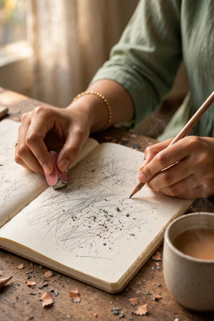 Close-up of hands erasing scribbled notes in a notebook with a pink eraser