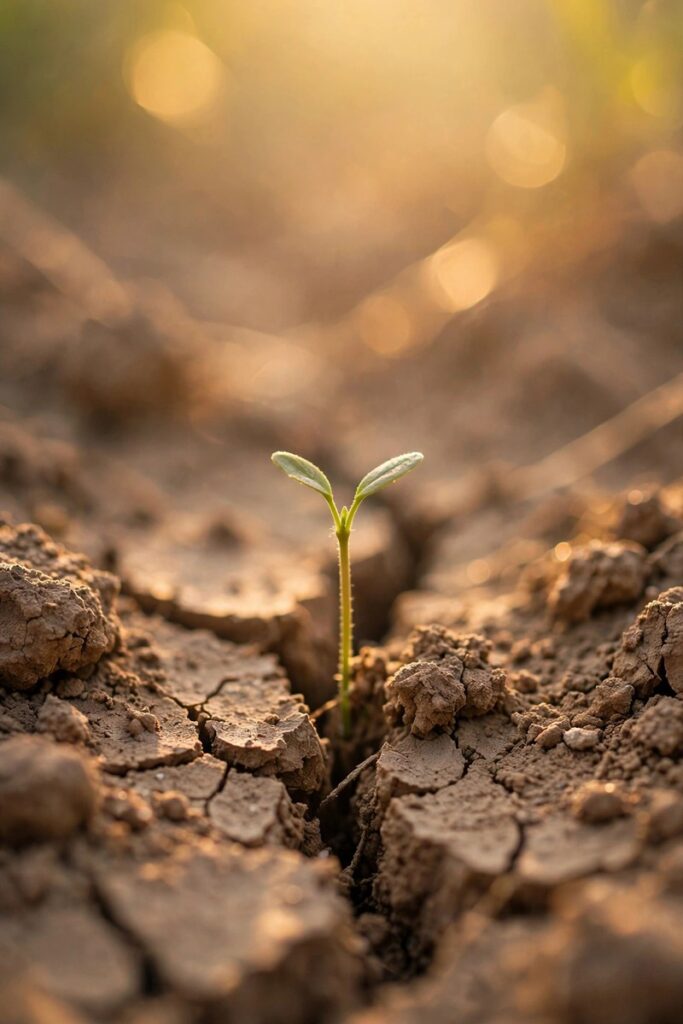 Tiny green seedling sprouting from cracked dry soil in warm golden sunlight