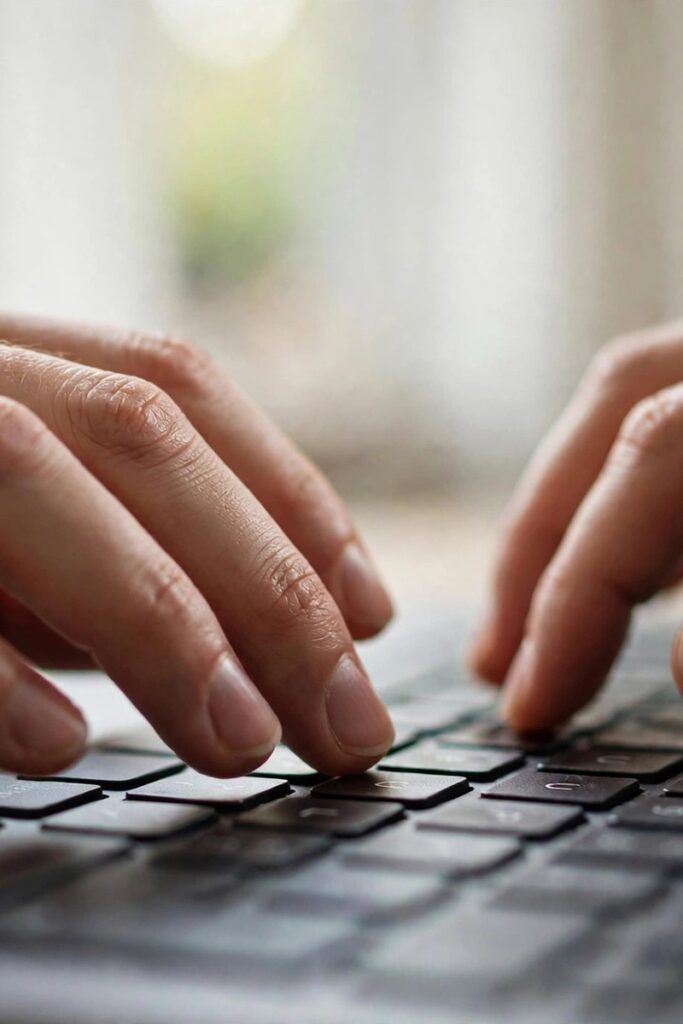 Close-up of hands typing on a laptop keyboard in soft window light.