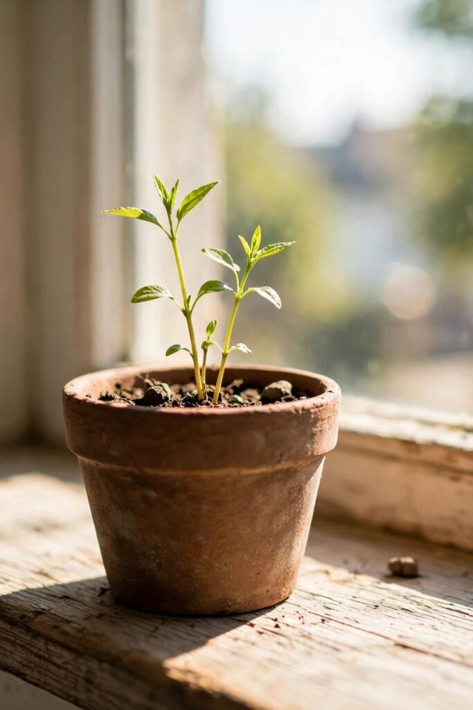 Small green plant growing in a terracotta pot on a sunny windowsill.