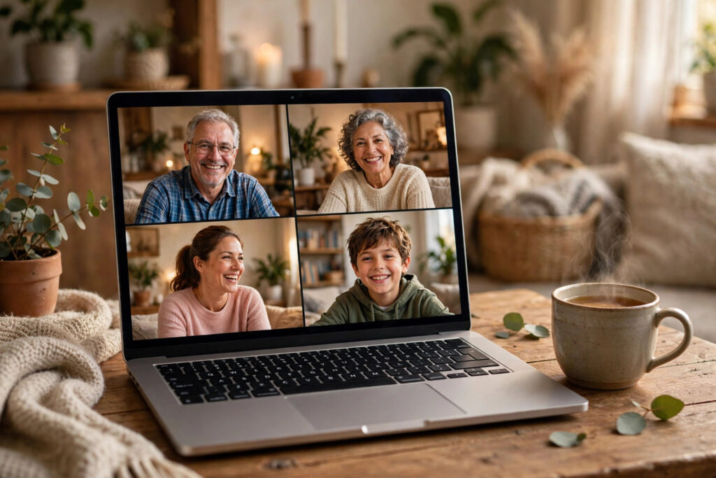 A laptop showing a warm video call with family, a cup of tea beside it