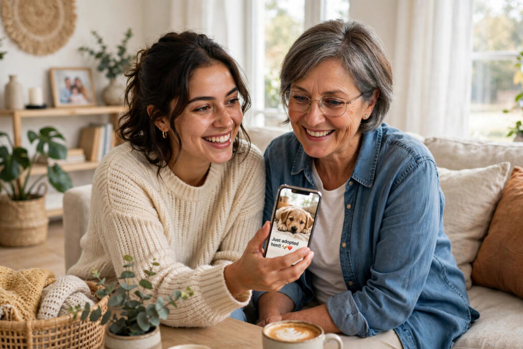 A young woman smiling while showing her phone to her mother in a bright living room
