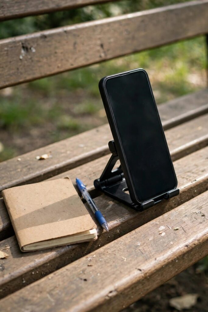A phone on a small folding stand with a notebook and pen on a park bench in natural daylight.