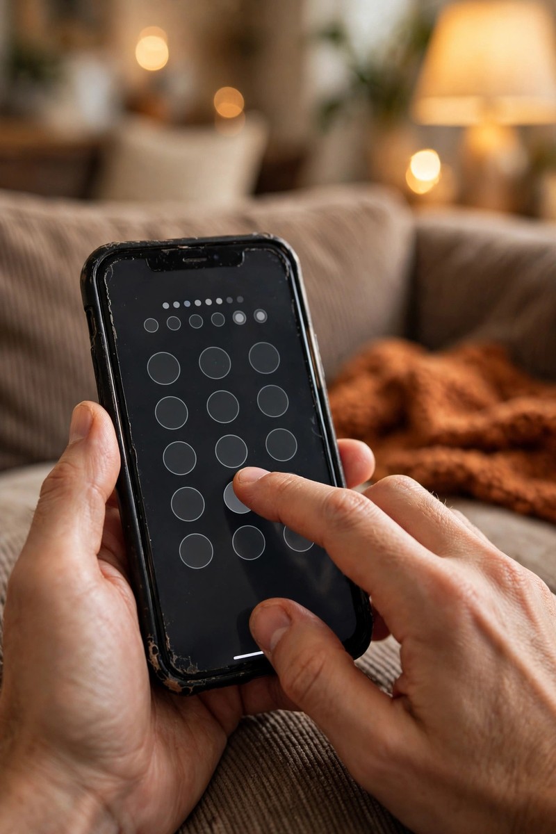 A close-up of hands typing a passcode on a smartphone lock screen in a warm, cozy living room.