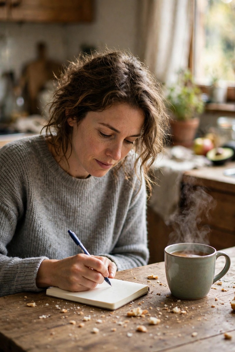 A woman writing backup codes in a small paper notebook at her kitchen table, with a cup of tea beside her.
