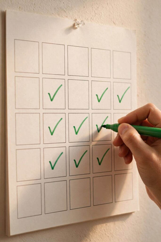 Hand marking green checkmarks on a simple habit-tracker chart pinned to a wall