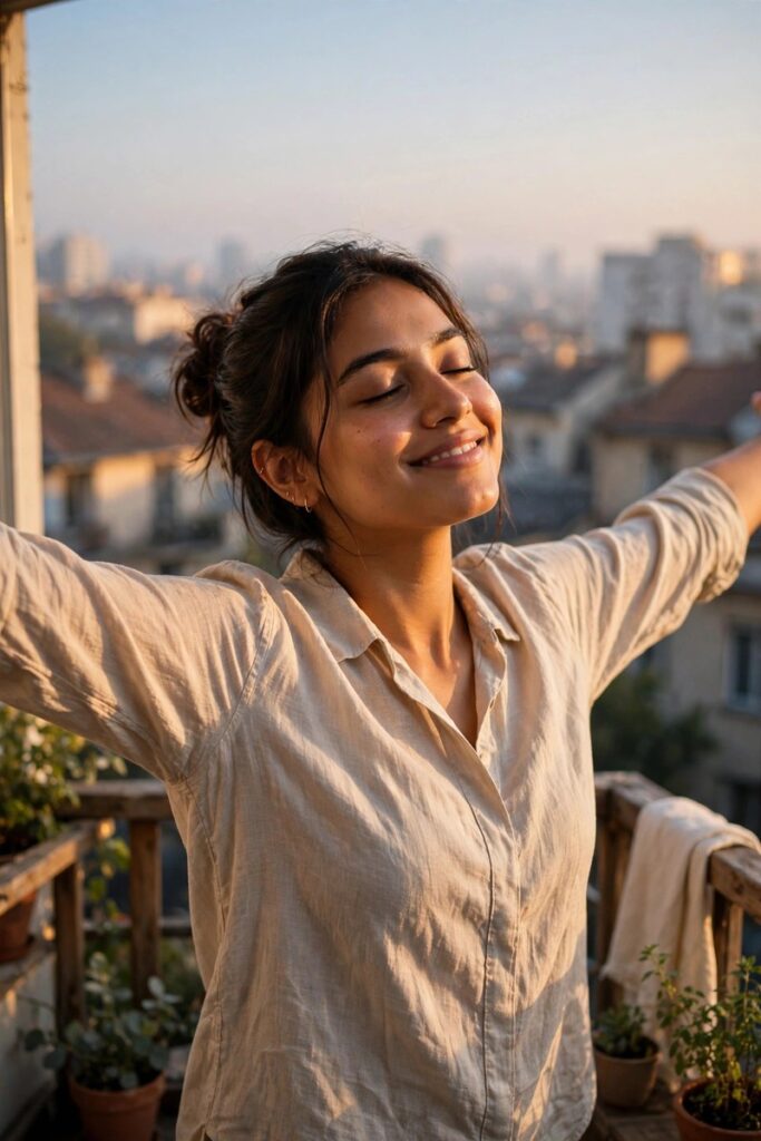 Woman stretching with her arms wide open on a balcony at sunrise
