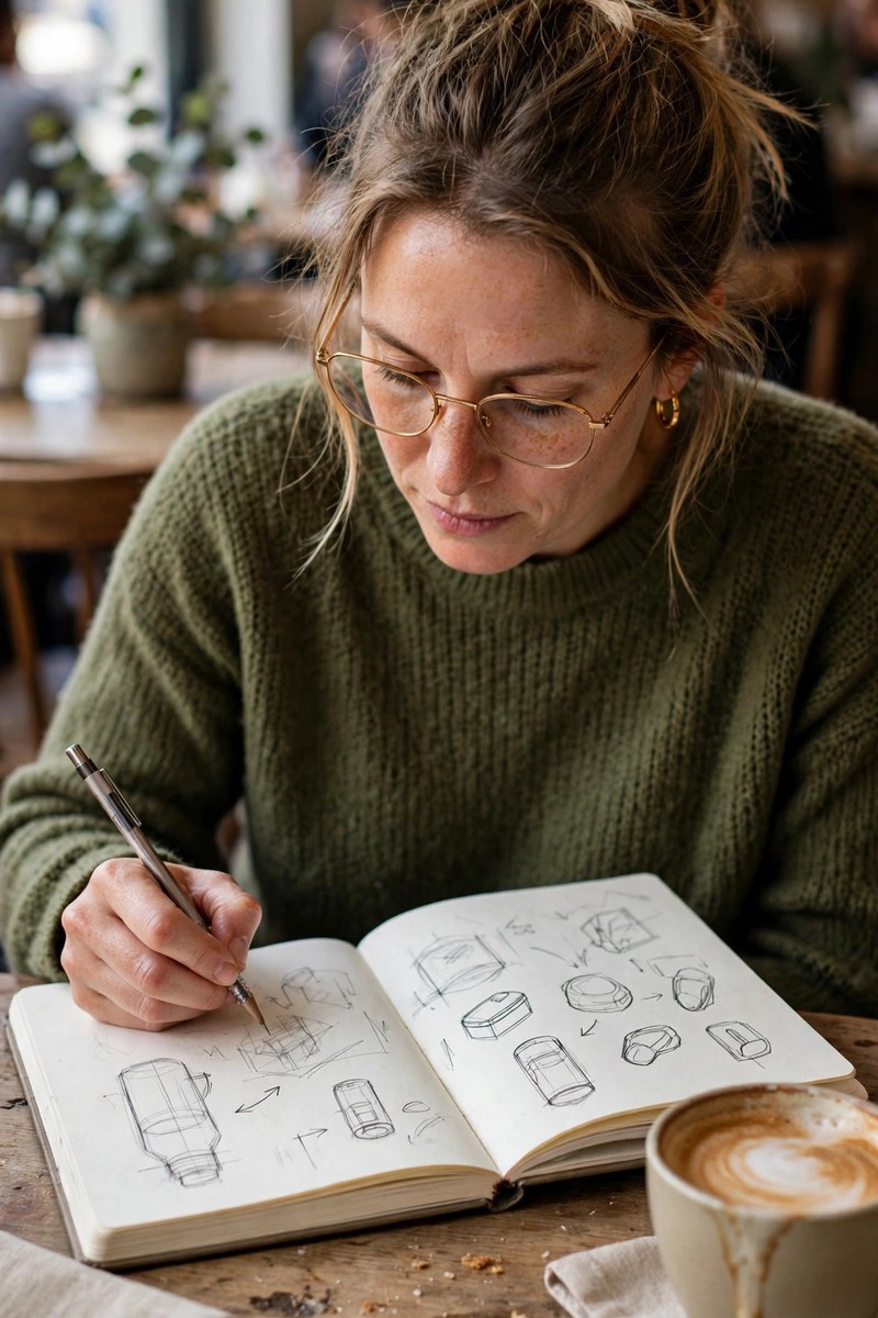 A woman jotting down product ideas in a notebook at a cafe, testing ideas small before building the whole product.
