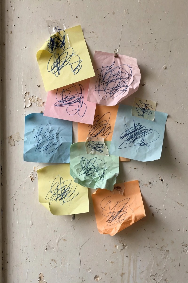 Sticky notes with handwritten product ideas on a lived-in bedroom wall, part of testing ideas before building.