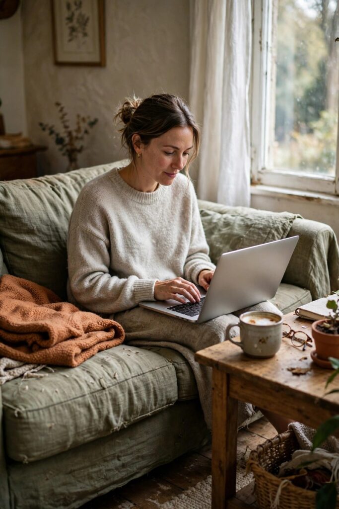 A woman typing on a laptop while sitting on her living room couch, writing a personal reply to a buyer