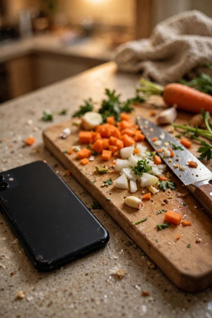 Smartphone on a kitchen counter next to vegetables being chopped in warm kitchen light