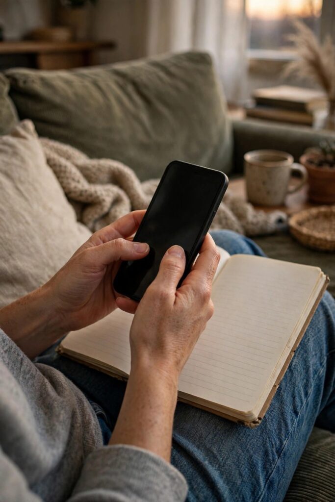 Hands holding a phone on a couch with a notebook on the lap in soft evening light
