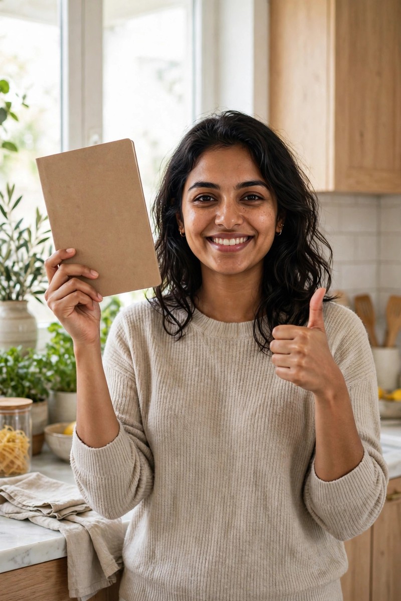 Smiling woman in a kitchen holding up a blank notebook and giving a thumbs up