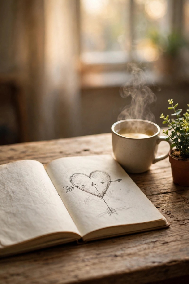 Open notebook with a hand-drawn heart sketch next to a steaming mug of coffee on a wooden table