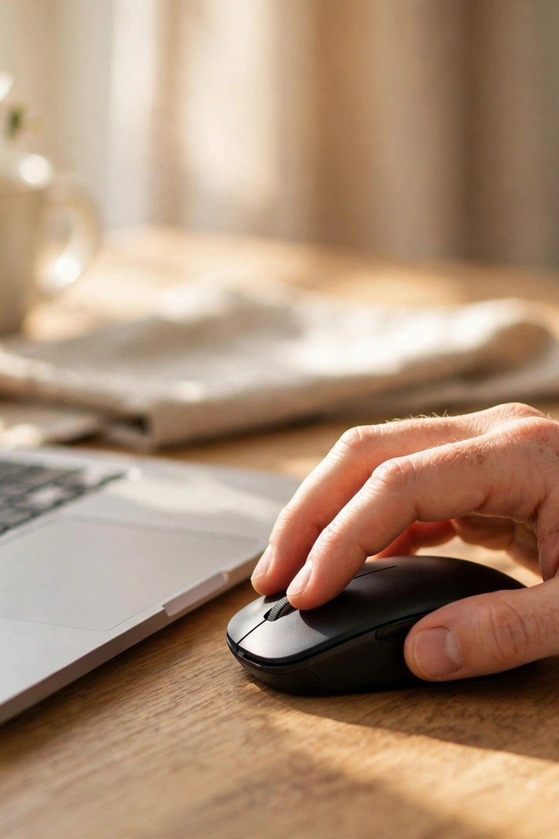 A hand clicking a computer mouse beside a laptop in warm natural light.