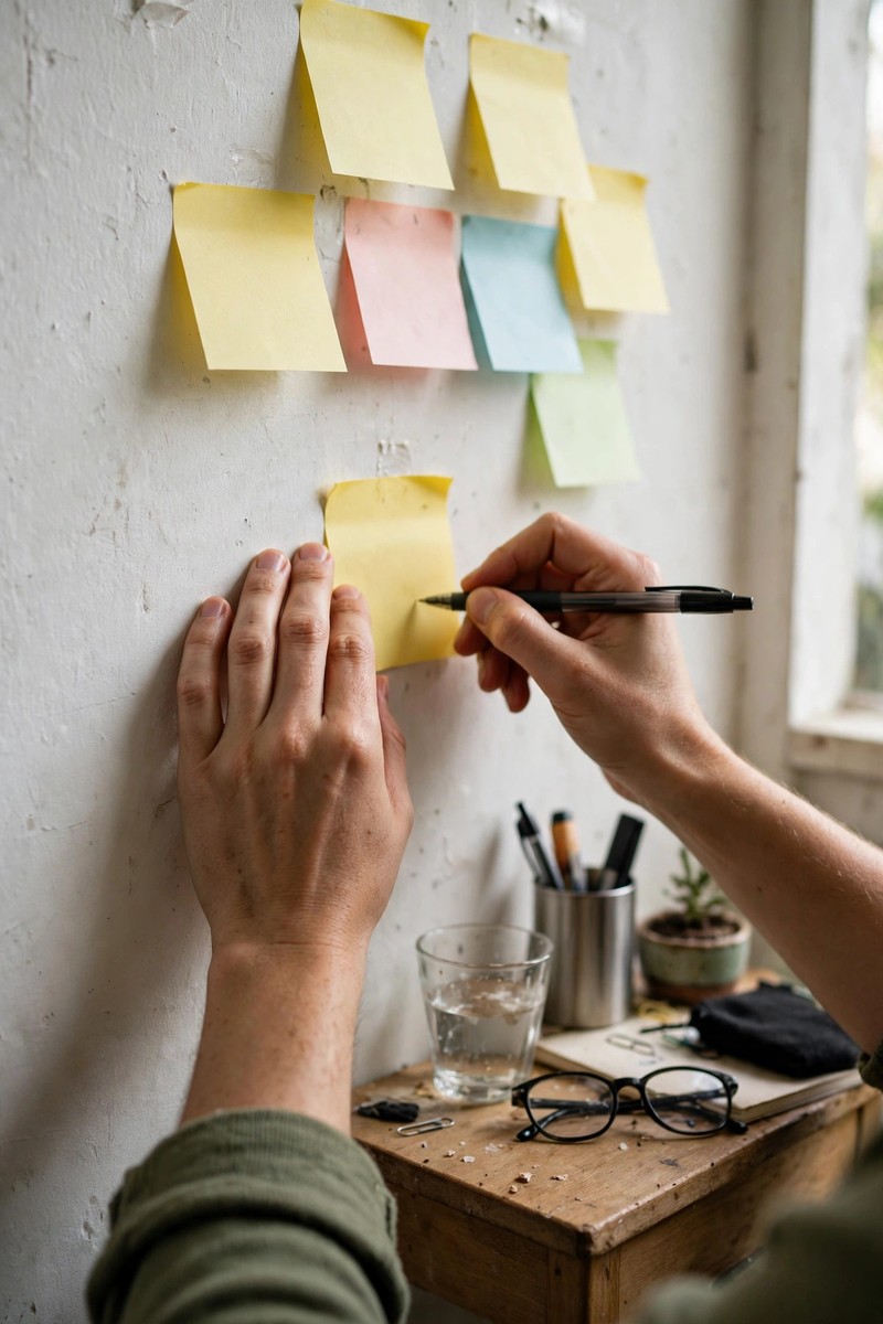 Hands writing on a yellow sticky note stuck to a wall covered with blank colorful sticky notes above a small cluttered desk.