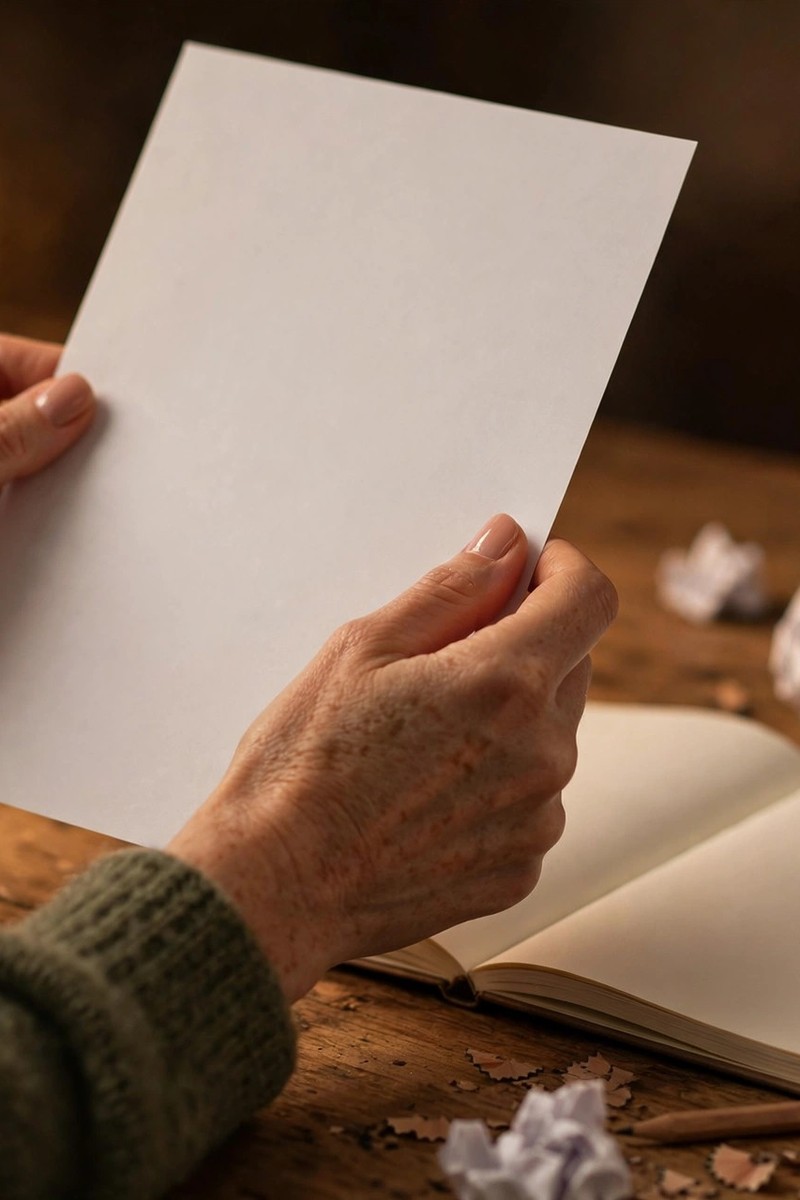 Hands holding a fresh sheet of paper with crumpled drafts beside an open notebook