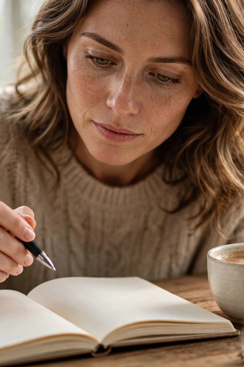 Woman holding a pen over an open journal with coffee in morning light