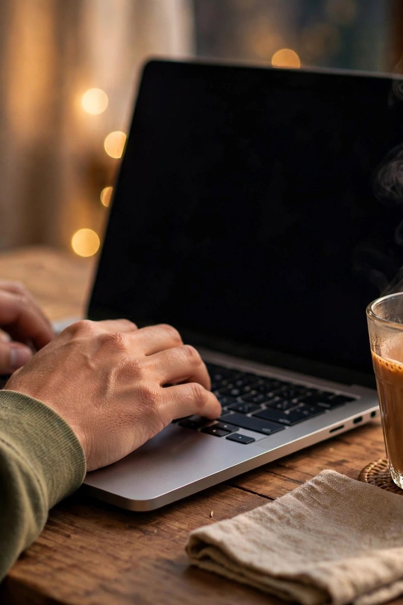 Hands typing on a laptop beside a steaming cup of chai on a wooden desk in evening light.