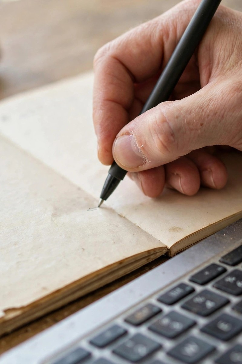 Hands writing in a paper notebook next to a laptop keyboard