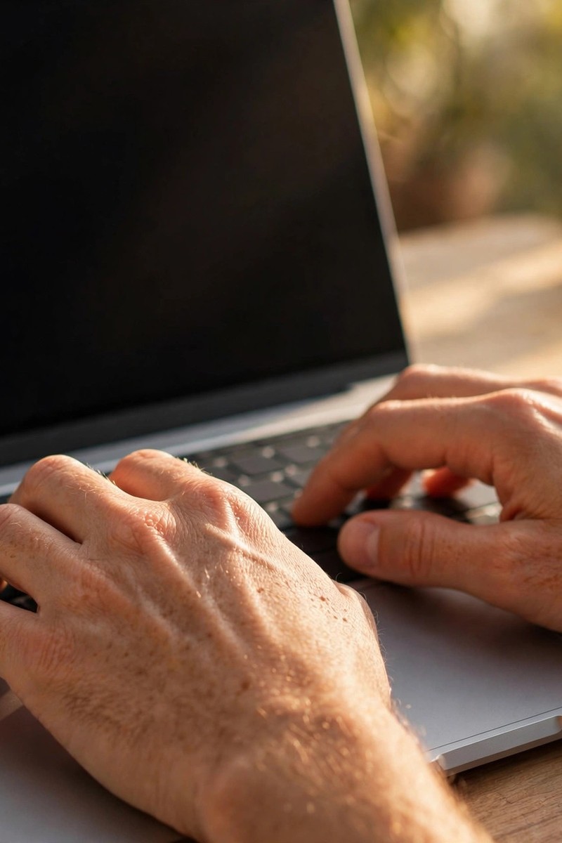 A pair of hands typing on a laptop keyboard in warm daylight.